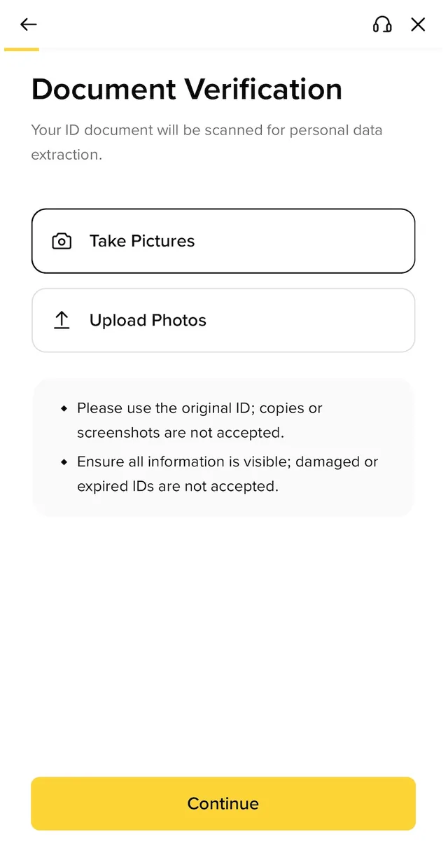 币安 App「Document Verification」页面截图:说明「Your ID document will be scanned for personal data extraction」,Take Pictures 和 Upload Photos 两个选项,下方提示只收证件原件、复印件或截图不收,信息要完整可见、损坏或过期证件不收,黄色 Continue 按钮