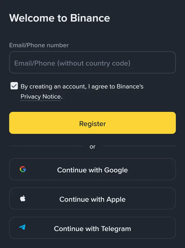 Binance साइन-अप पेज (इंग्रजी इंटरफेस): शीर्षक “Welcome to Binance”, एक “Email/Phone (without country code)” फील्ड, Privacy Notice ला संमती दर्शवणारा टिक केलेला बॉक्स, पिवळे “Register” बटण, आणि खाली “Continue with Google”, “Continue with Apple”, “Continue with Telegram” बटणे